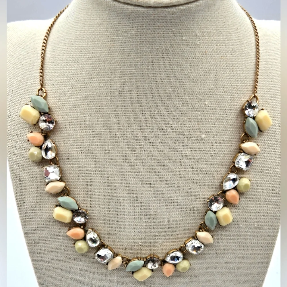 J. CREW VIntage Statement Necklace Faux Pastel Stones Rhinestones Gold Tone